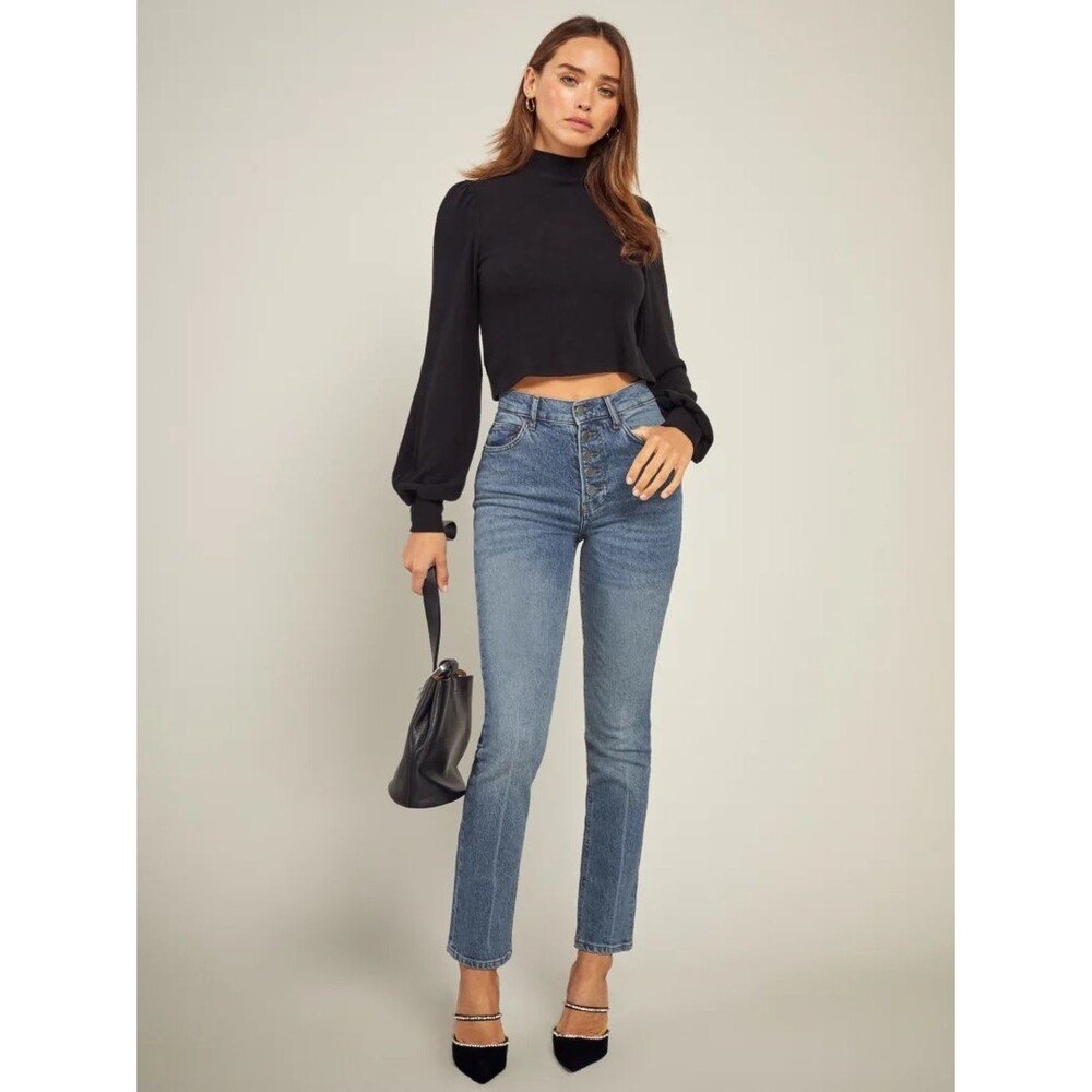 Reformation Liza Button Fly High Rise Straight Jeans Malta Medium Wash Size 23